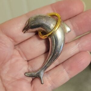 Silver tone cute Dolphin jumping thru gold tone hoop Brooch